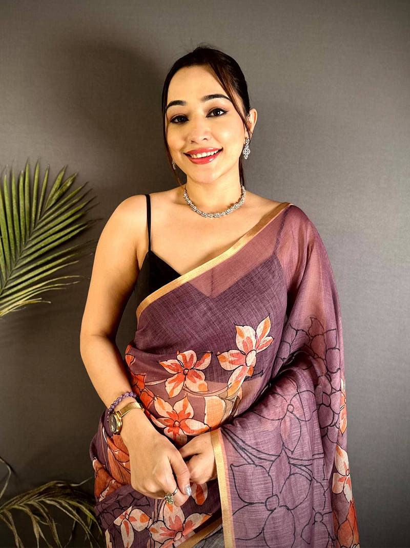 Classic Purple Floral Linen Saree