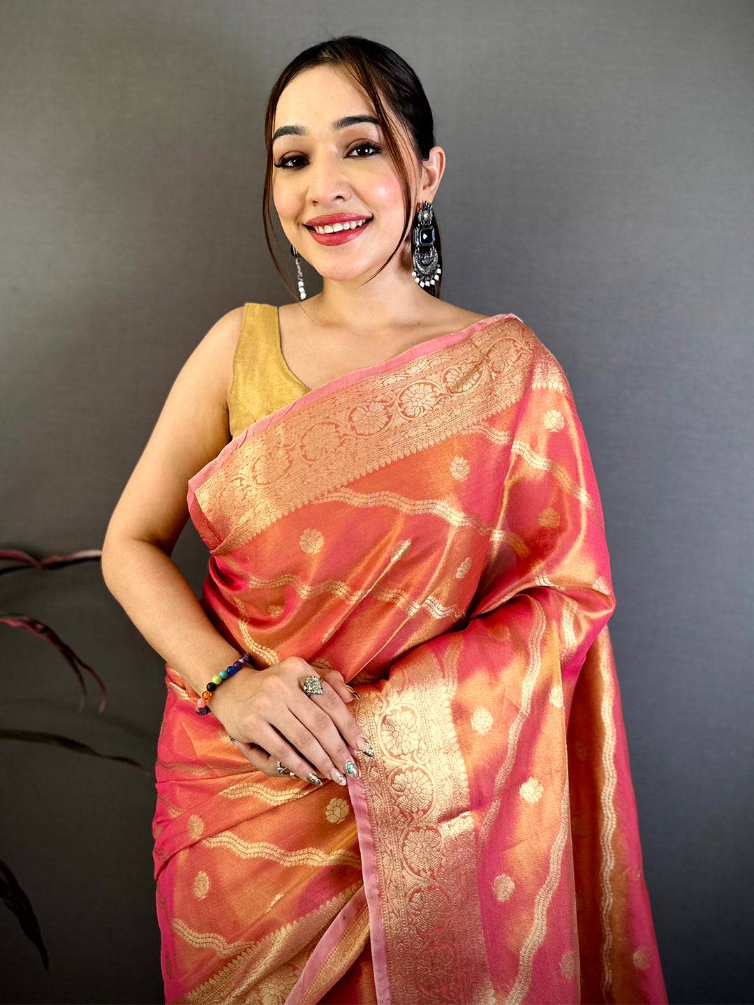 Coral Glass Crush Tissue Leheriya Saree