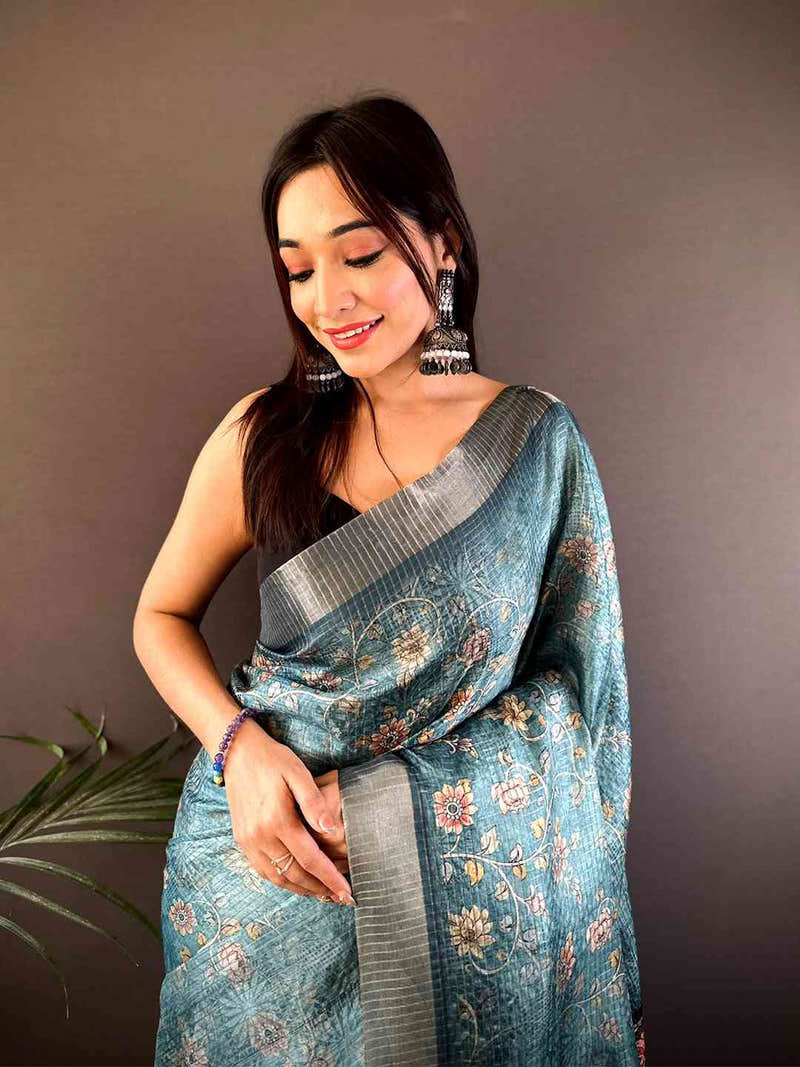 Teal Blue Gold Zari Chanderi Phulkari Floral Saree