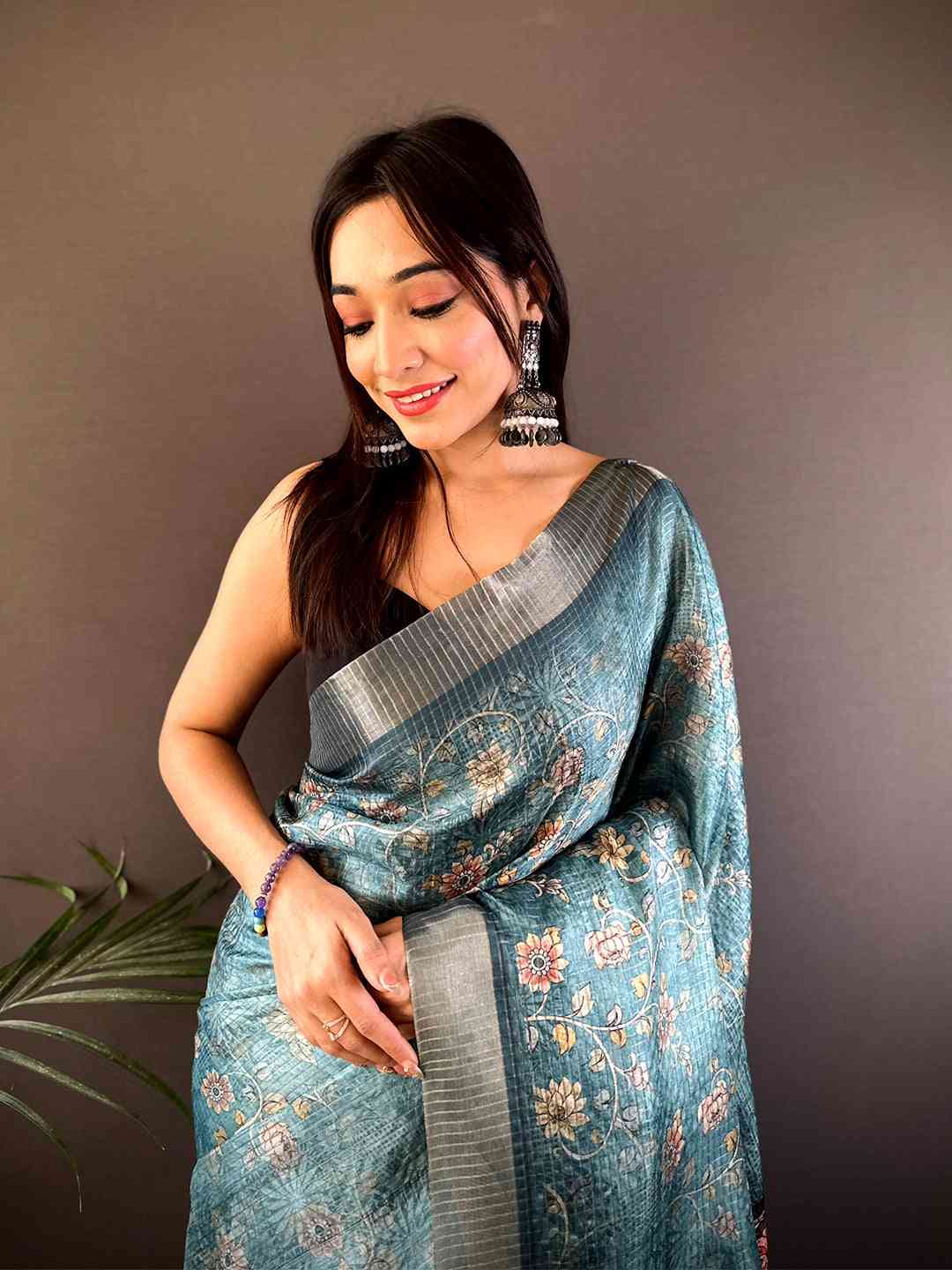 Teal Blue Gold Zari Chanderi Phulkari Floral Saree