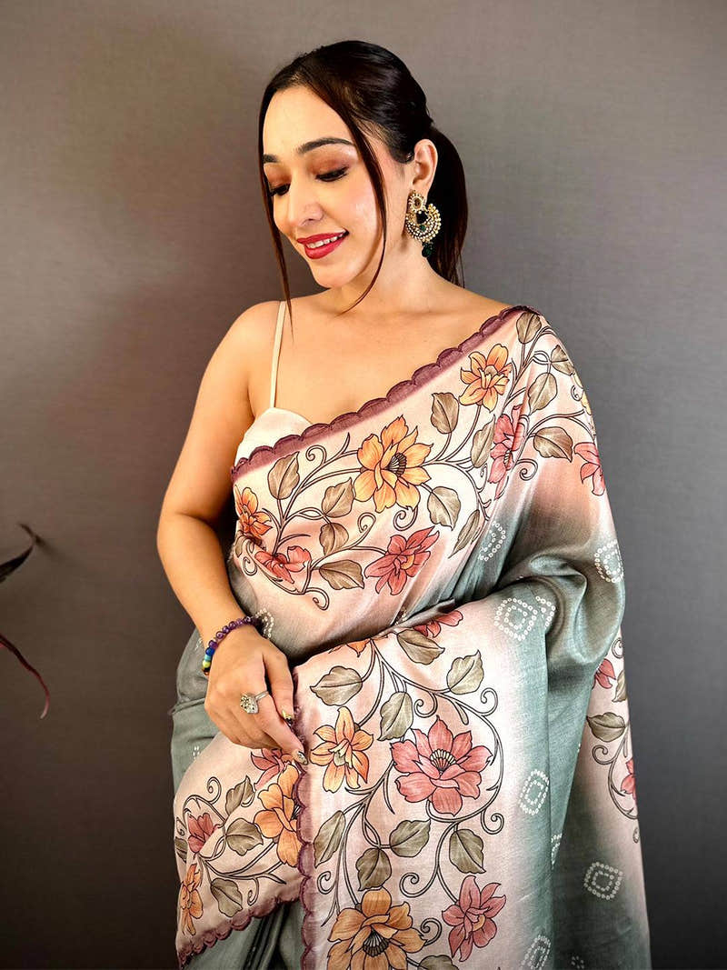 Elegant Floral Bandhani Tussar Saree