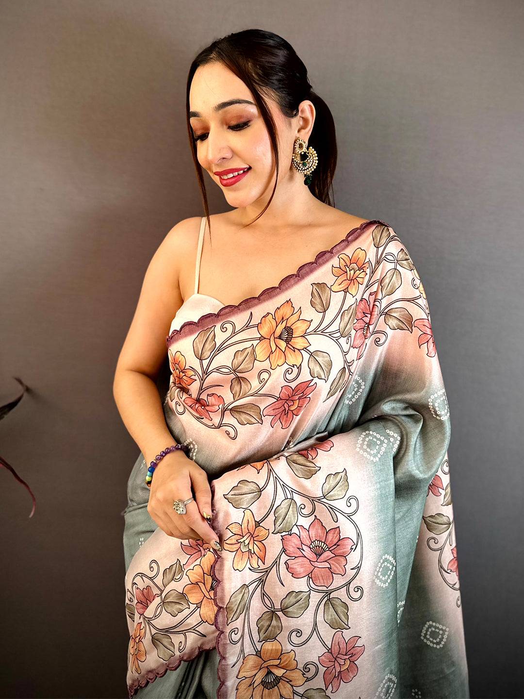 Elegant Floral Bandhani Tussar Saree