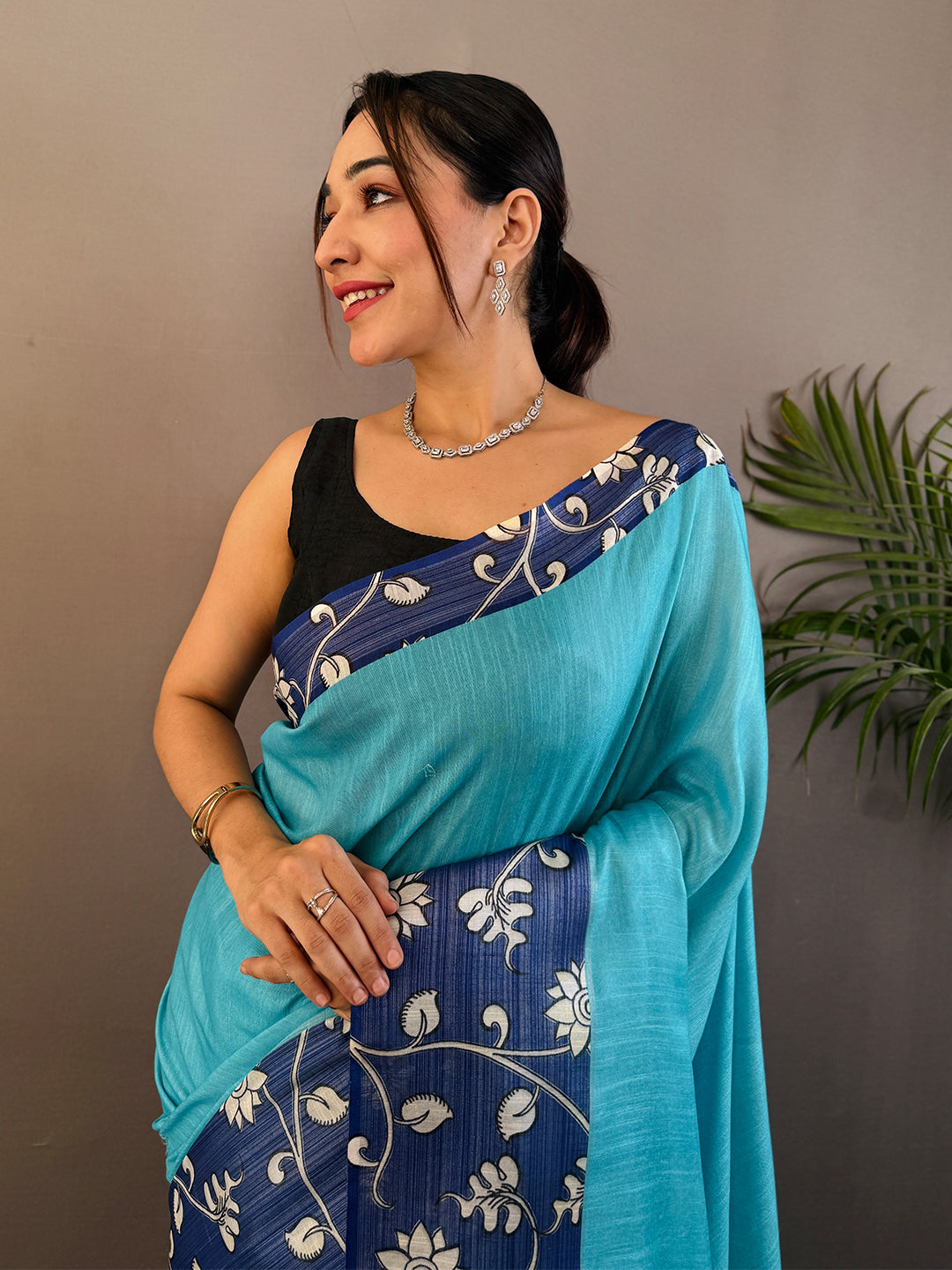 Sky Blue Linen Kalamkari Print Saree
