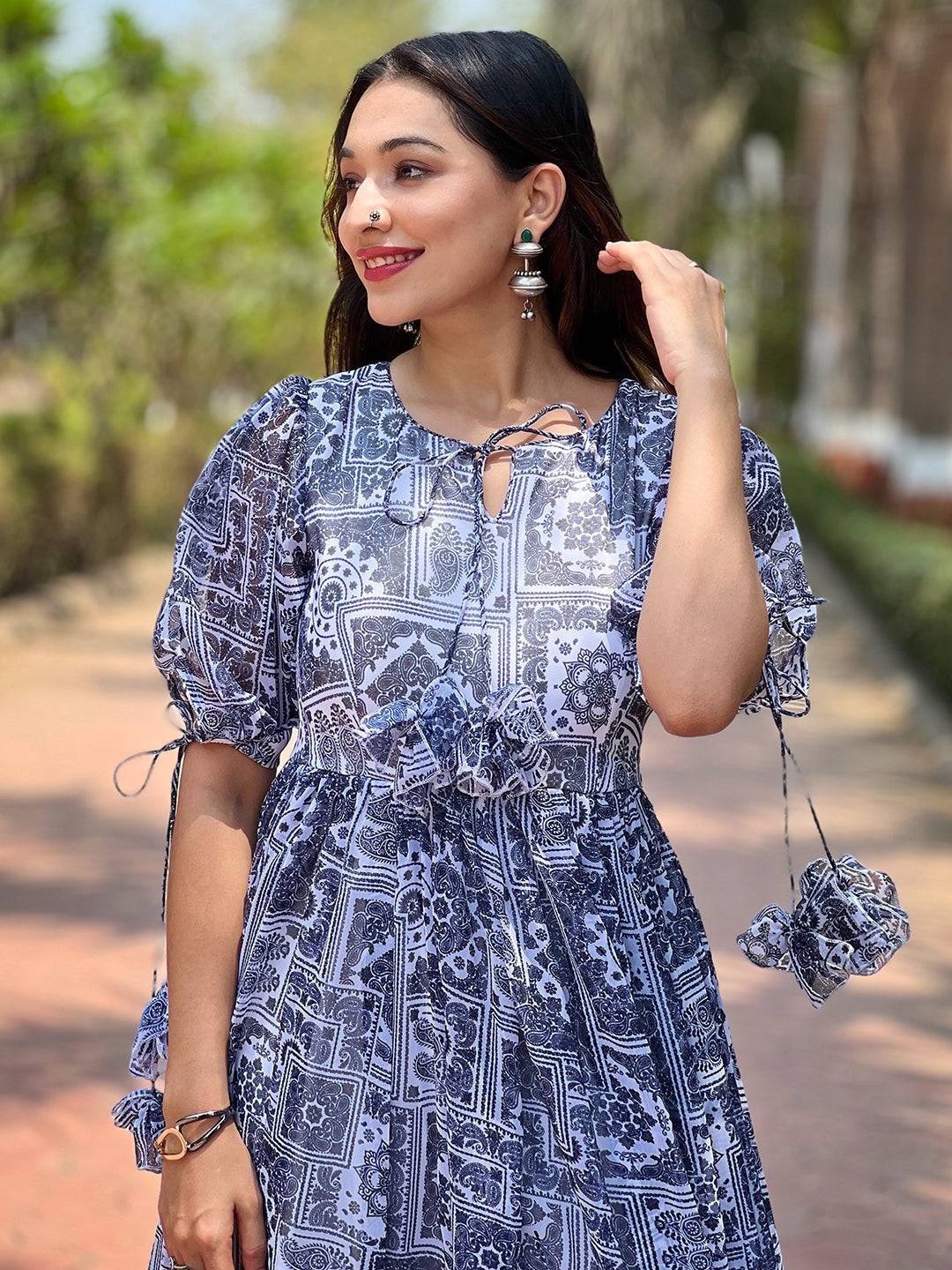 Close-up of block print dress with puff sleeves