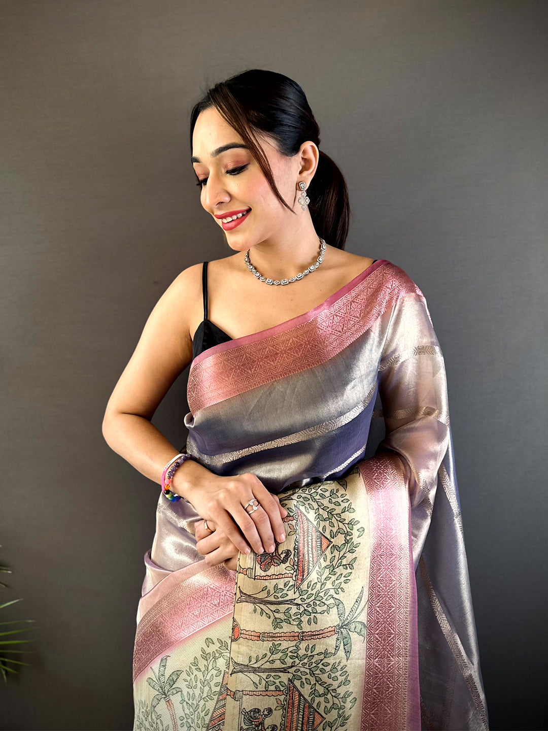 Pink Tissue Madhubani Print Saree