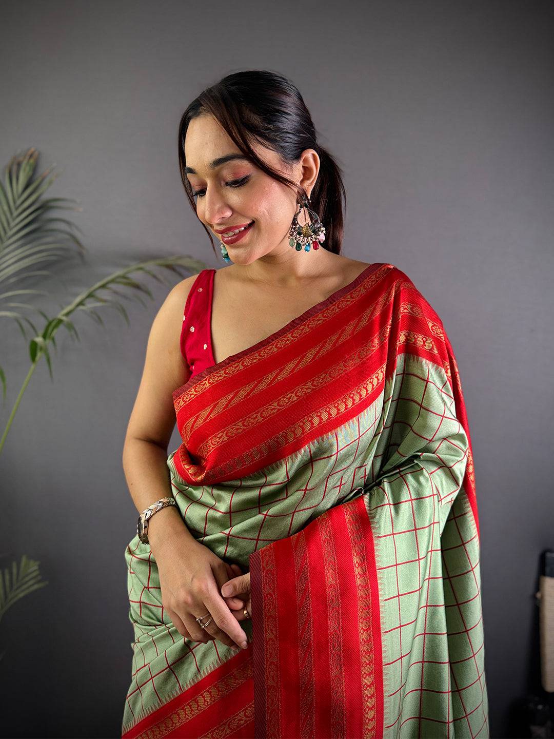 Red Royale Chex Soft Katan Silk Saree