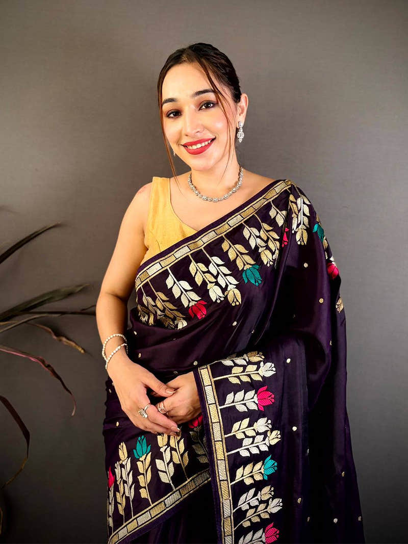 Purple Soft Satin Minakari Aari Work Saree