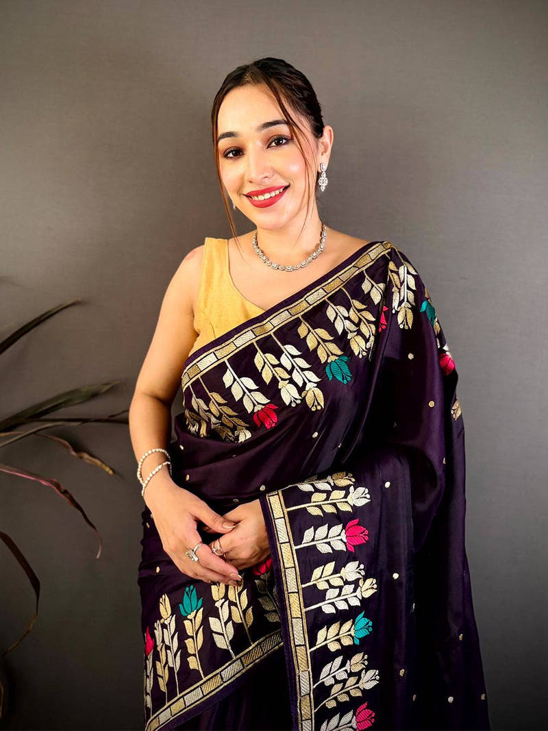 Purple Soft Satin Minakari Aari Work Saree