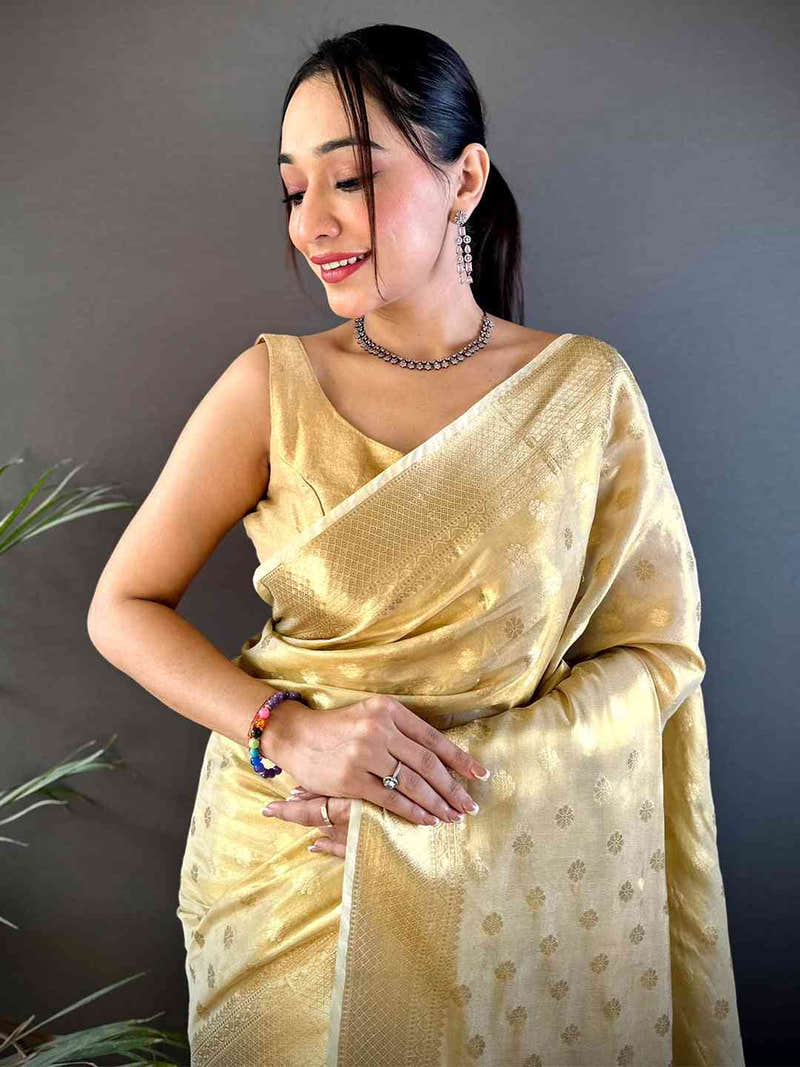 Elegant Gold Zari Glass Tissue Saree