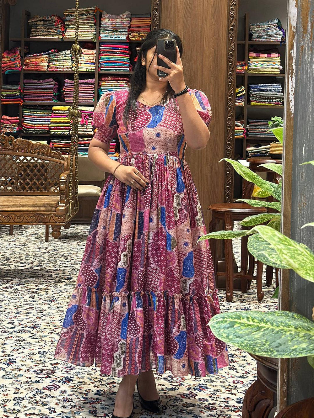 Elegant Desert Rose Patchwork Print Midi Dress display