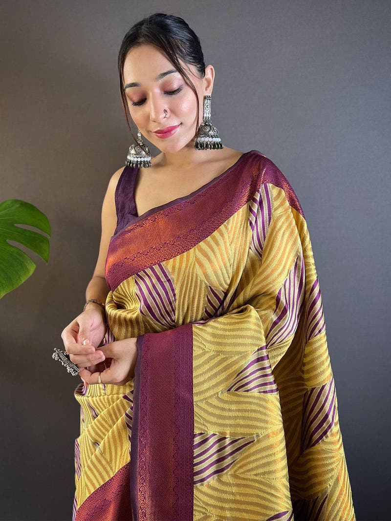 Olive Tussar Silk Zari Weaving Ikkat Saree

