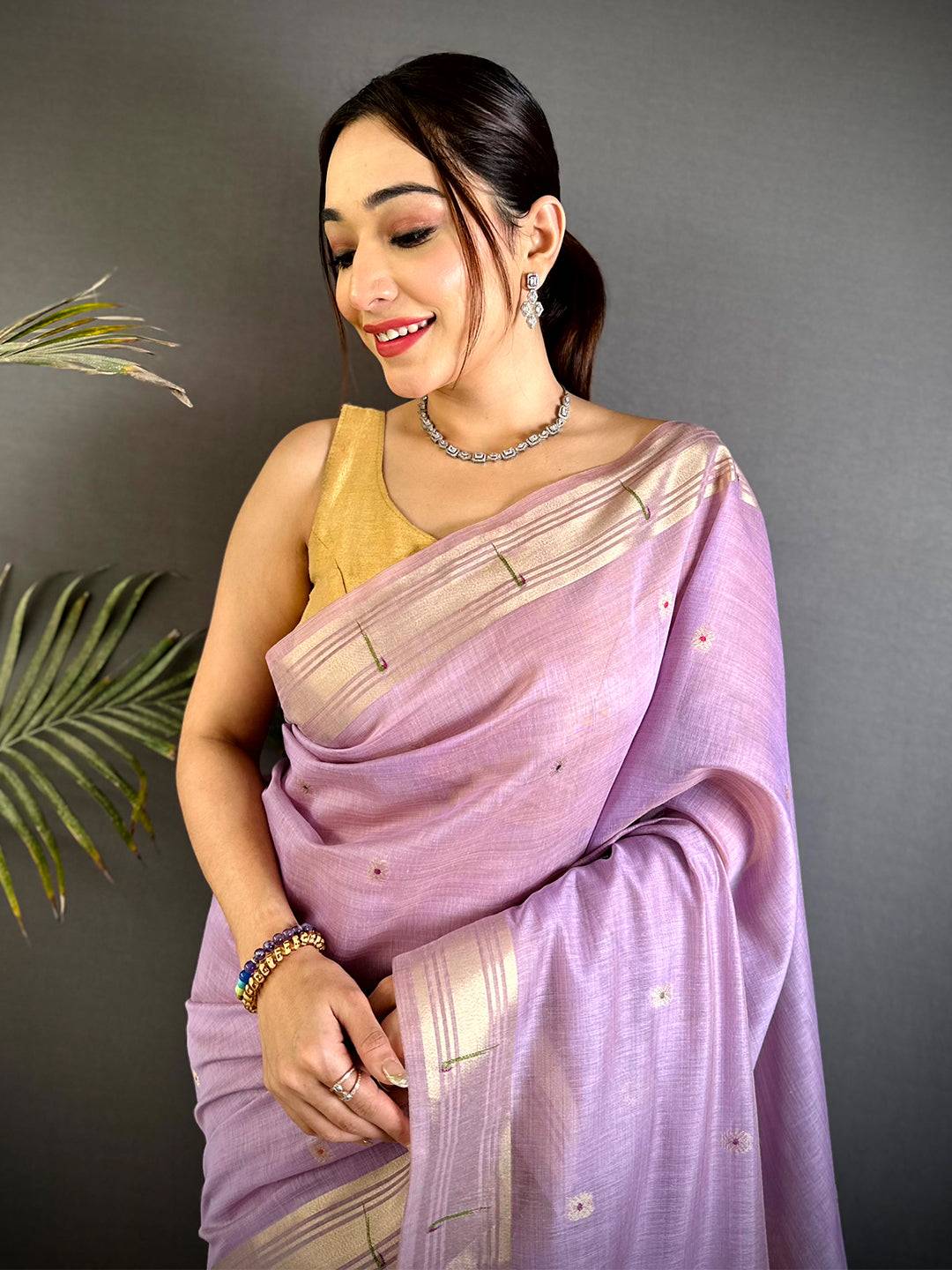 Lavender Minakari Paithani Khadi Linen Saree