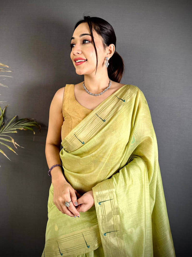Lime Green Minakari Grace Khadi Linen Saree