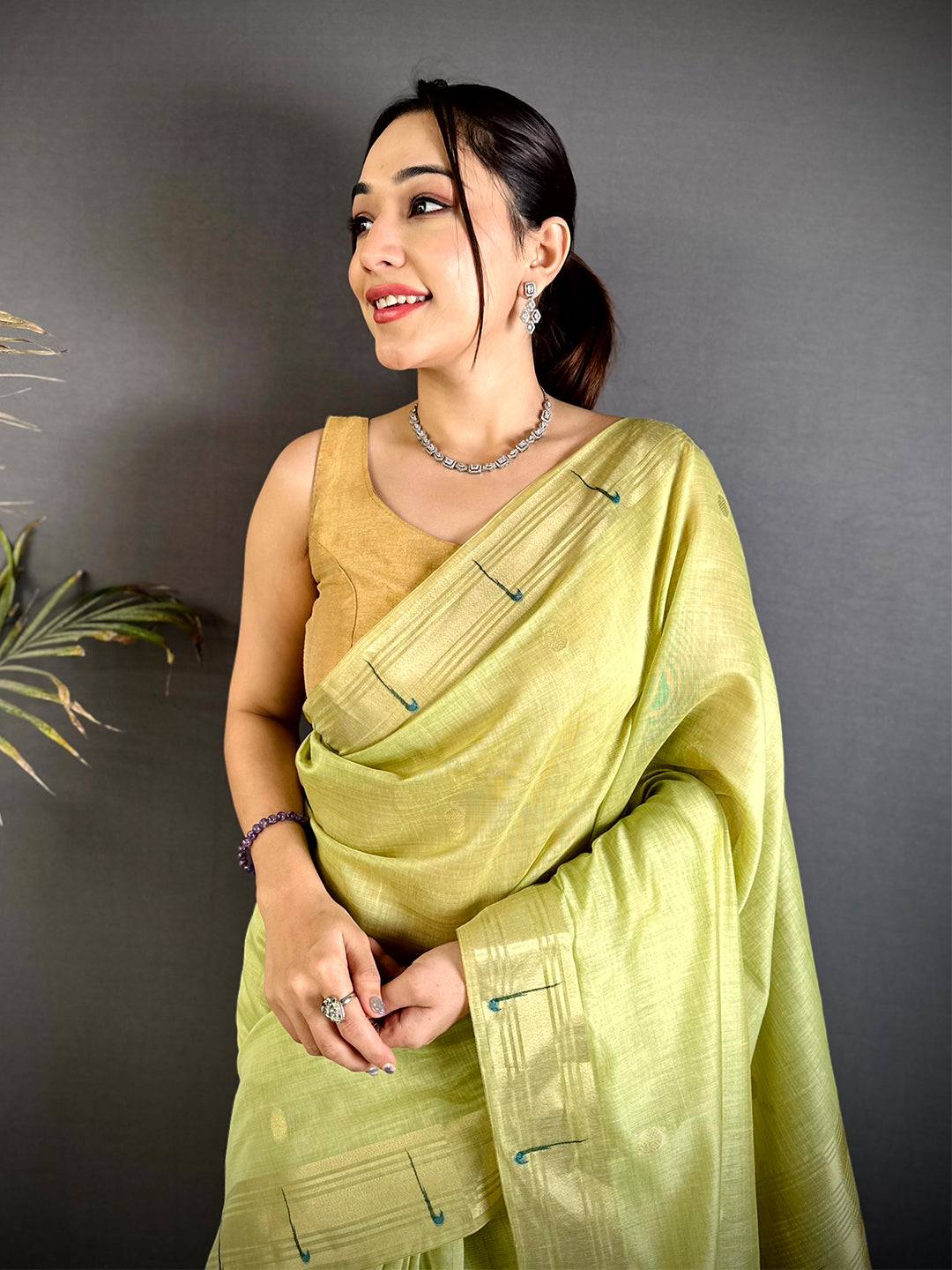 Lime Green Minakari Grace Khadi Linen Saree