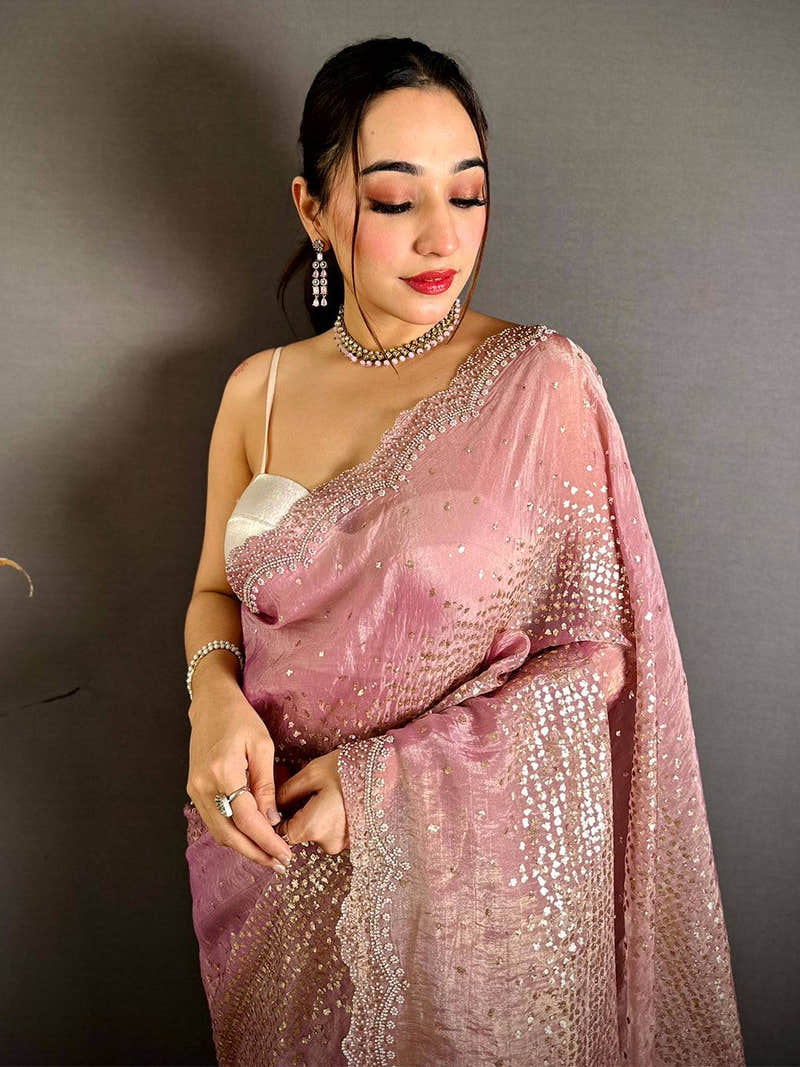 Pink Hotfix Sequin Diamond Zarkon Saree