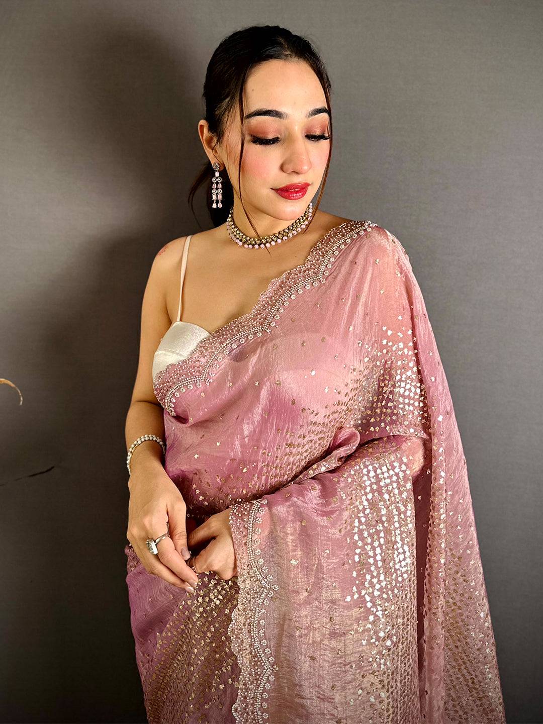 Pink Hotfix Sequin Diamond Zarkon Saree