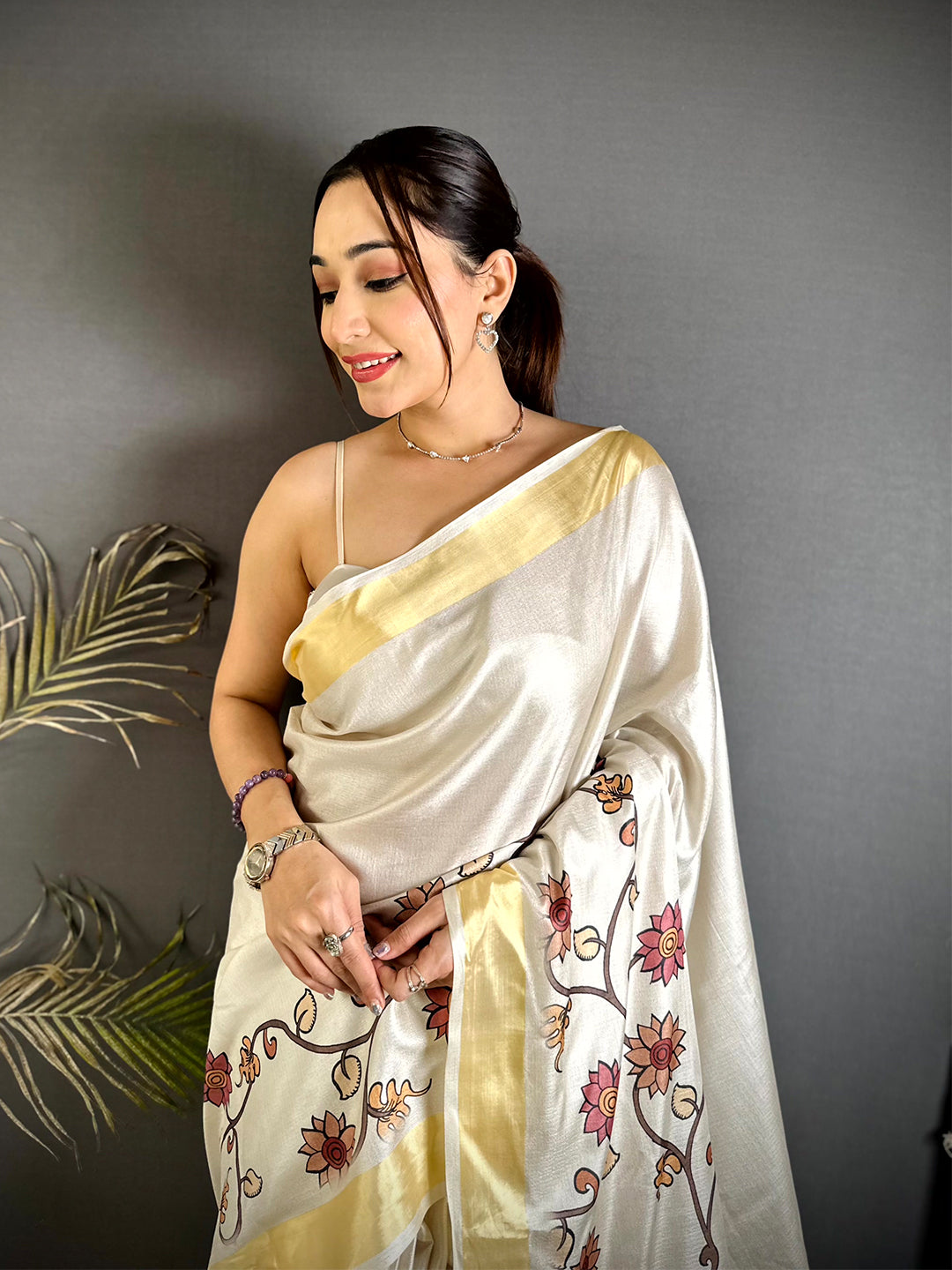 Artistic Floral Kalamkari Khadi Silk Saree
