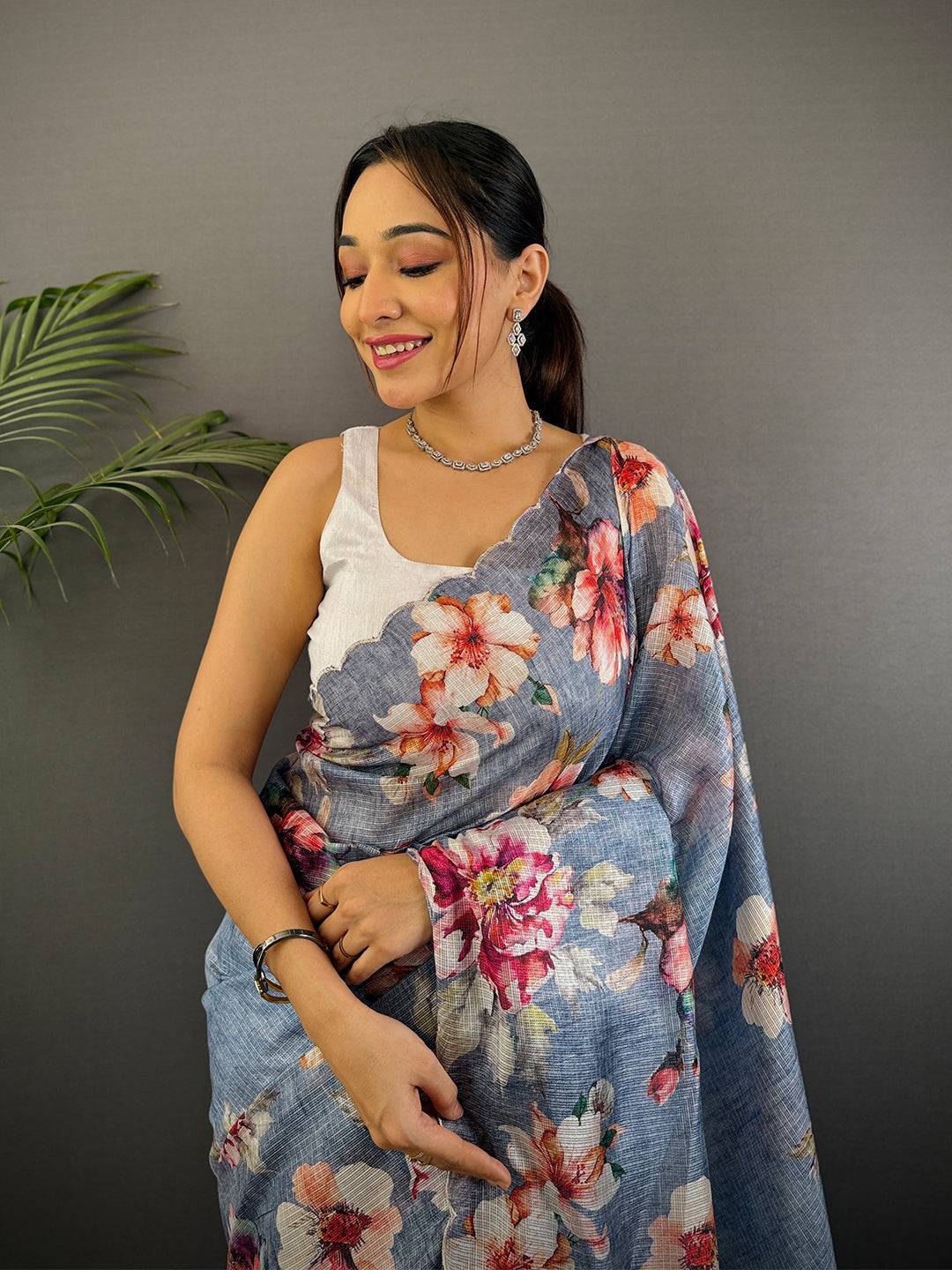 Dusty Blue Kota Floral Digital Cut Work Saree