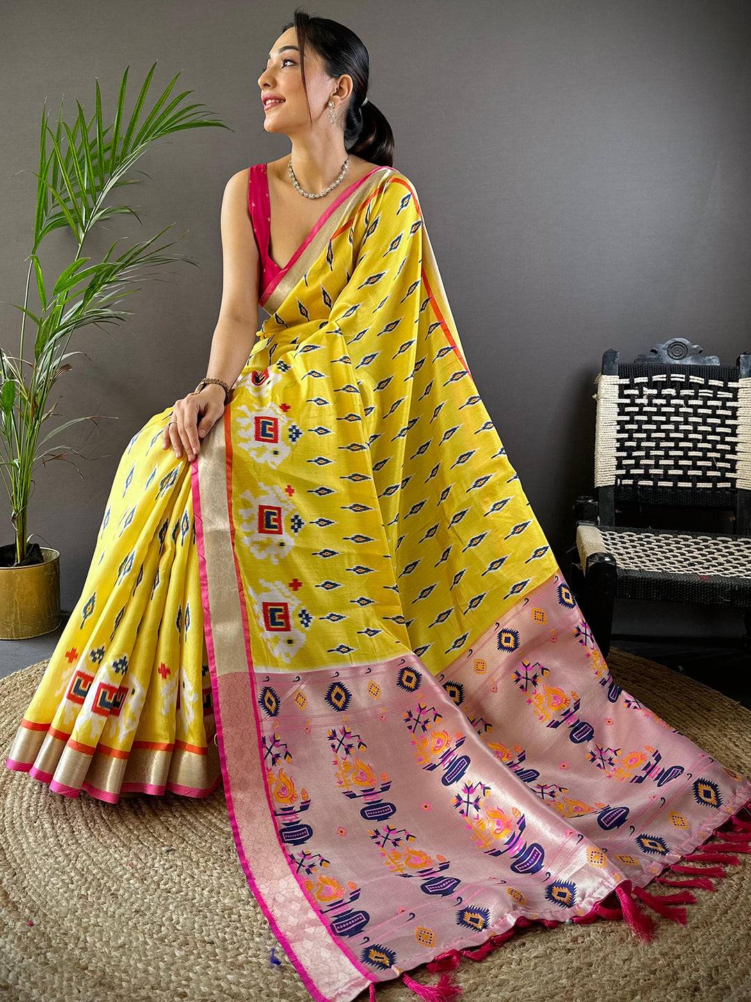 Yellow Ikkat Paithani Soft Silk Saree
