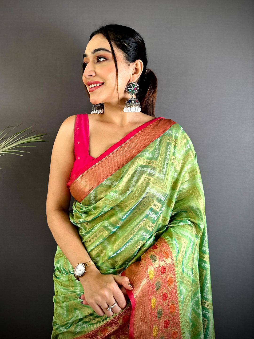 Green Banarasi Zic Zac Katan Silk Saree

