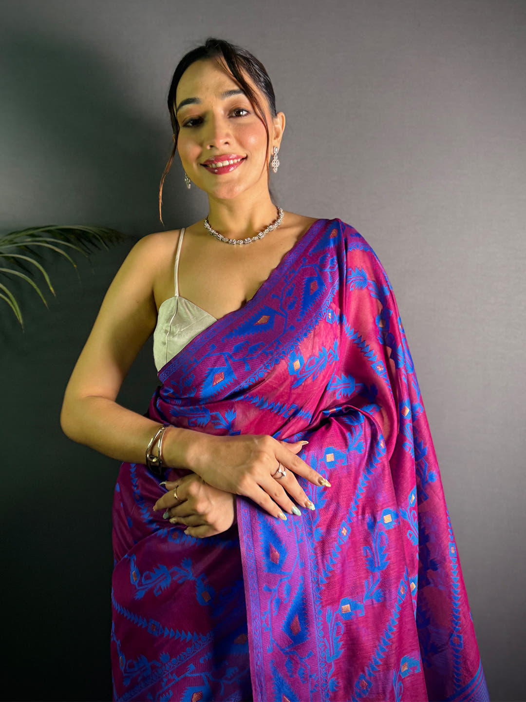 Wine Cotton Silk Dhakai Jamdani Saree