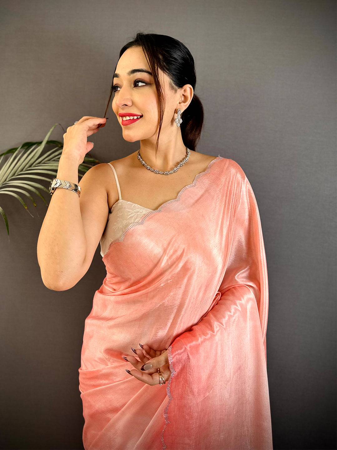 Coral Chinnon Stone Work Floral Saree