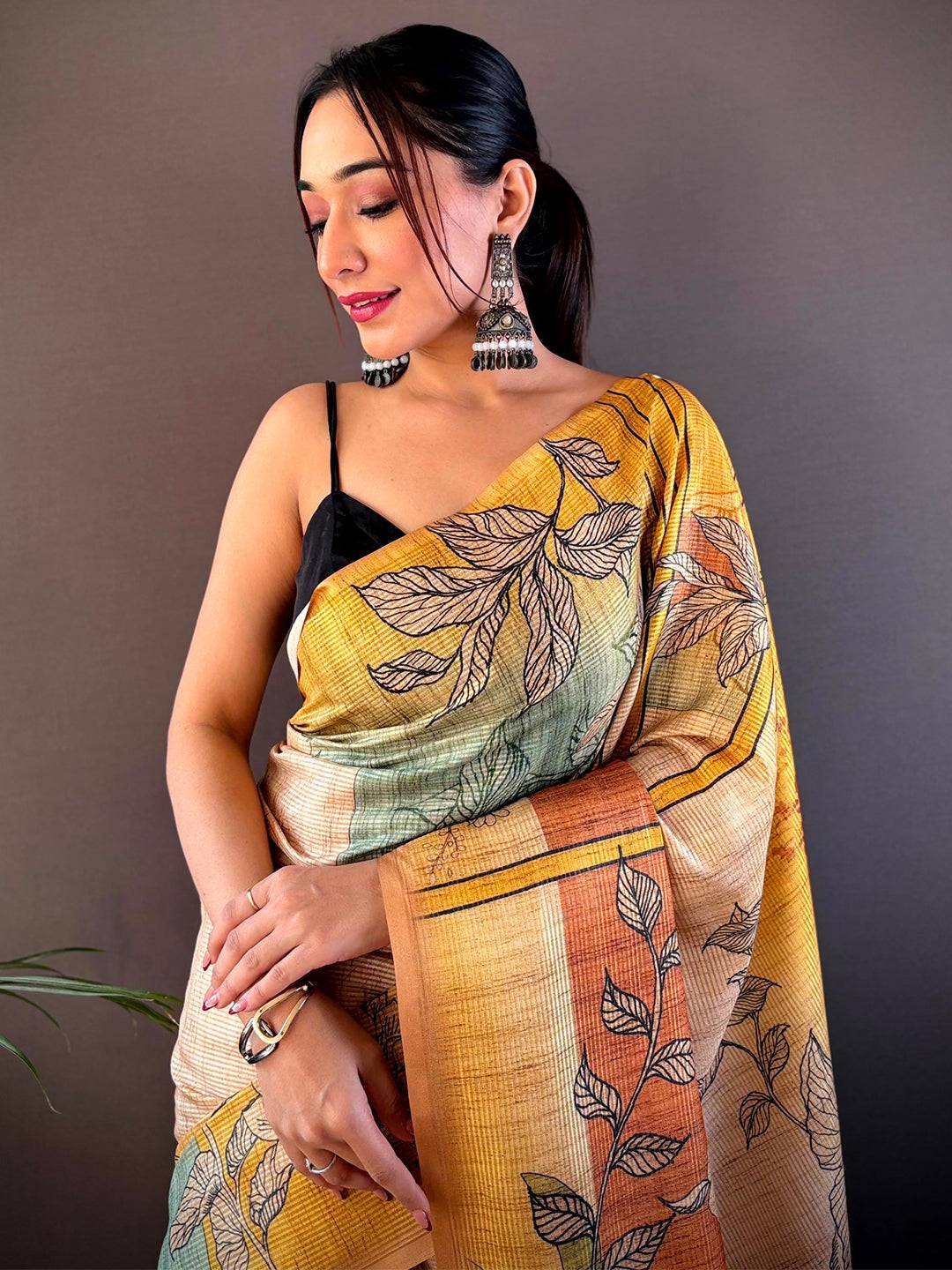 Yellow Abstract Floral Zari Tussar Saree

