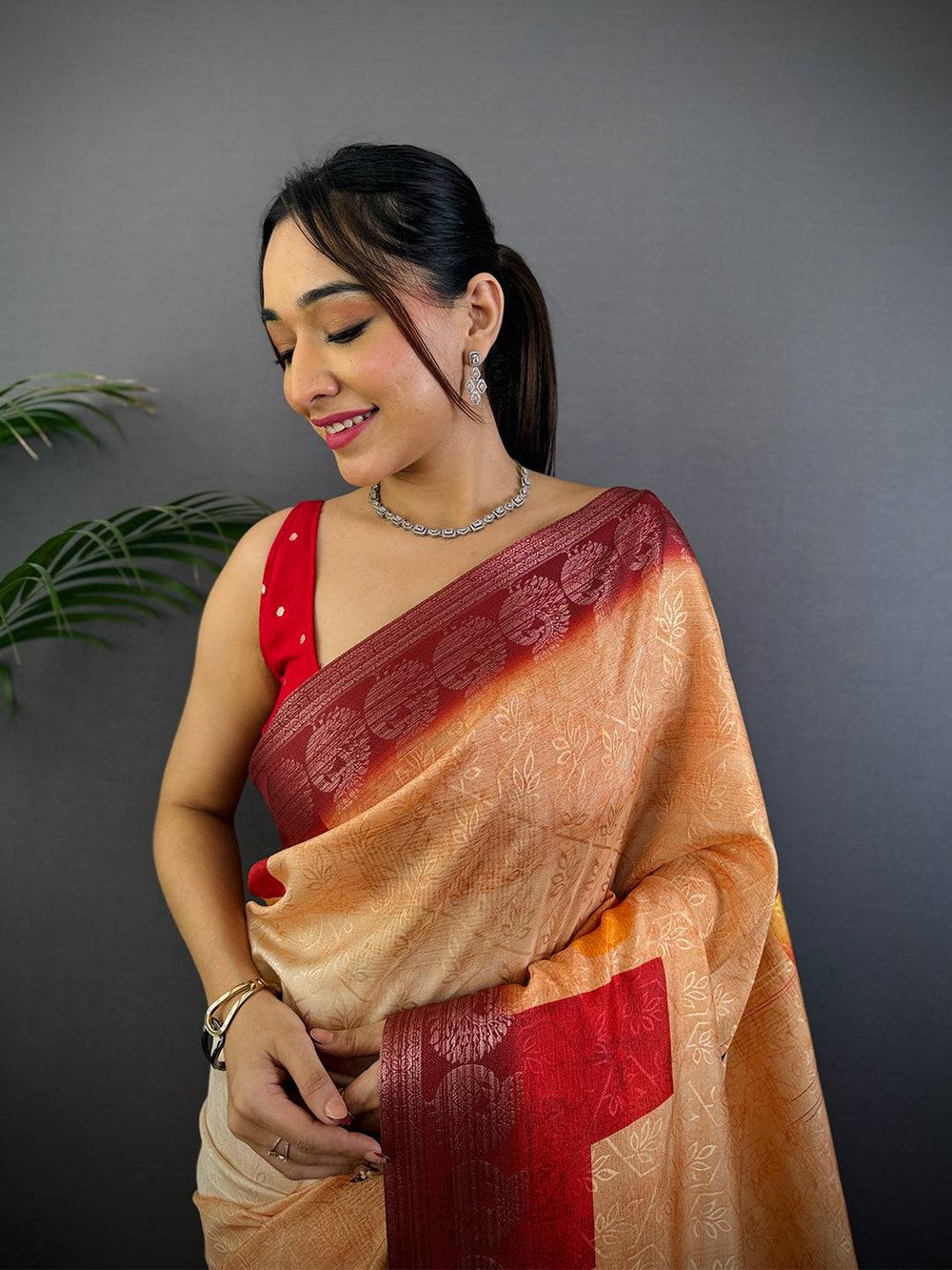 Ochre Digital Print Soft Dola Silk Saree