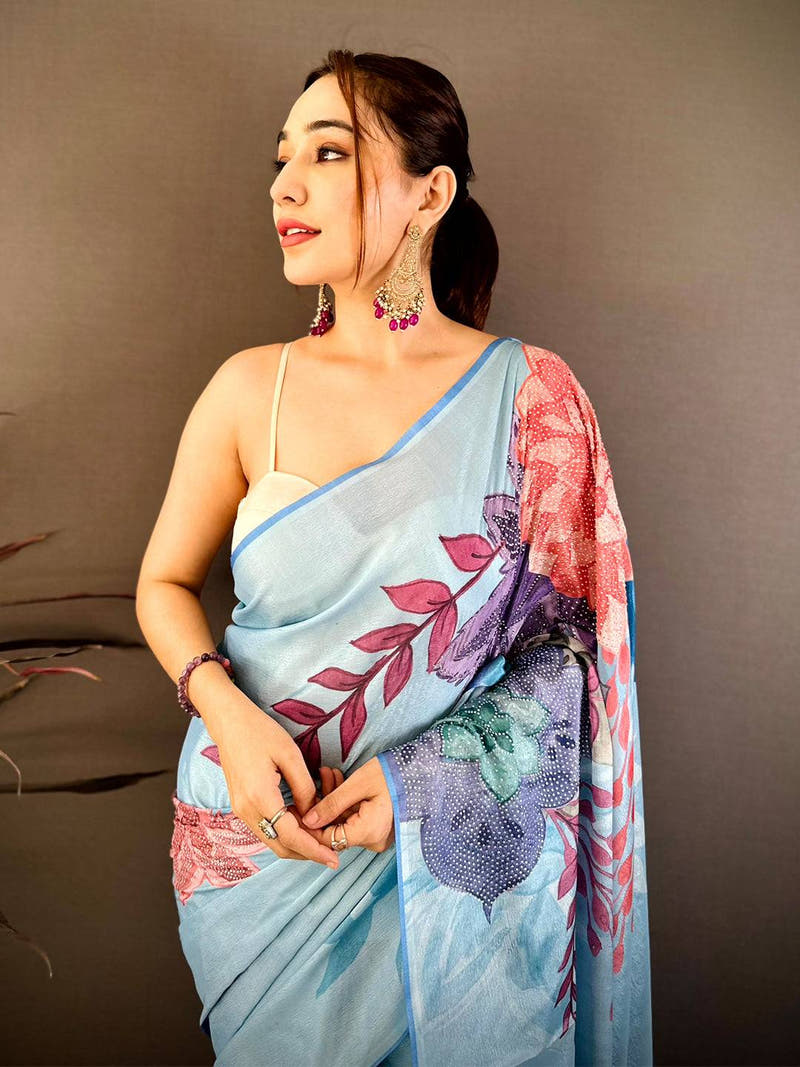Sky Blue Soft Chiffon Floral Stone Work Saree