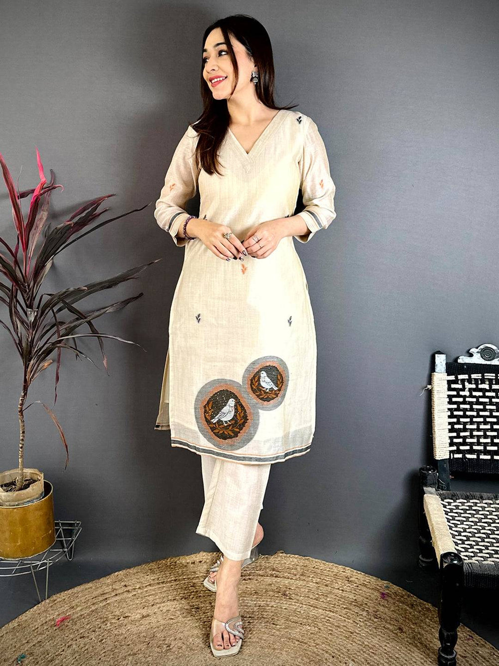 Stylish Beige Floral Cotton Dress