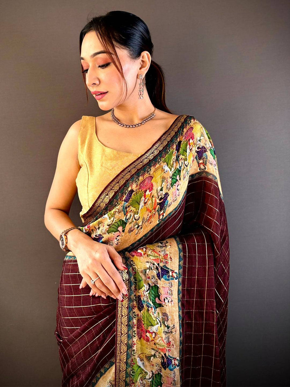 Brown Chinnon Chiffon Kalamkari Saree