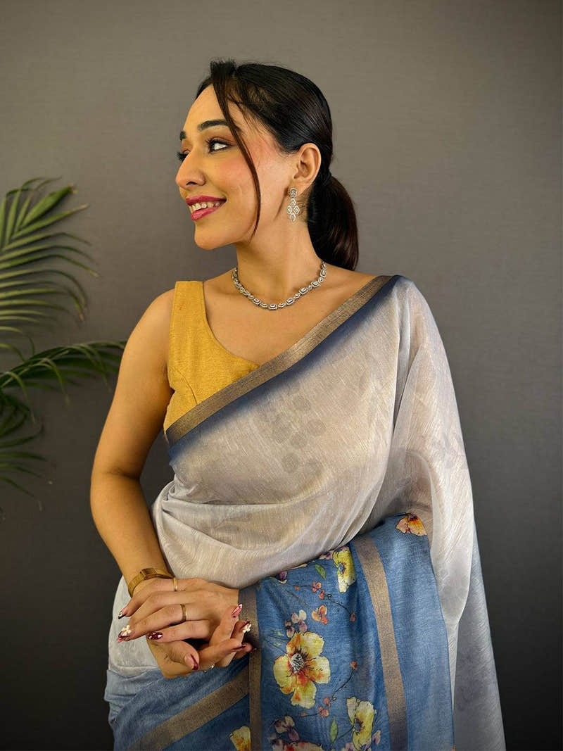 Denim Blue Linen Chanderi Floral Print Saree