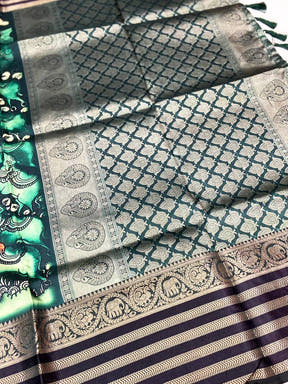Bottle Green Kalamkari Printed Banarasi Saree