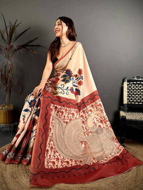 Stylish Cream Printed Soft Tussar Saree