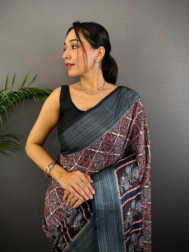 Multi Linen Block Kalamkari Print Saree


