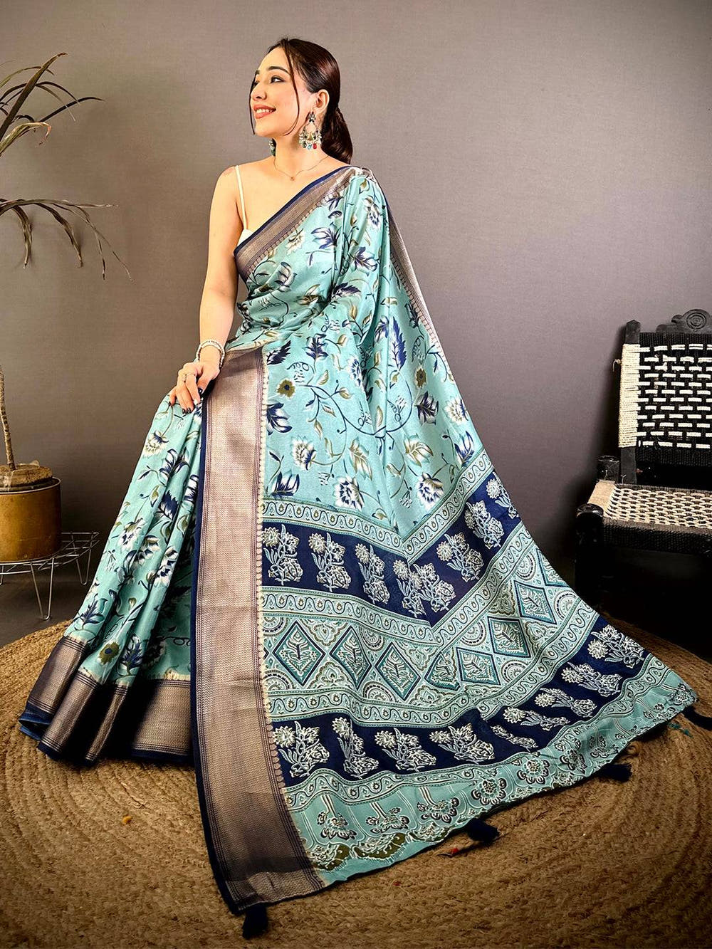 Aqua Soft Dola Silk Floral Kanchi Border Saree