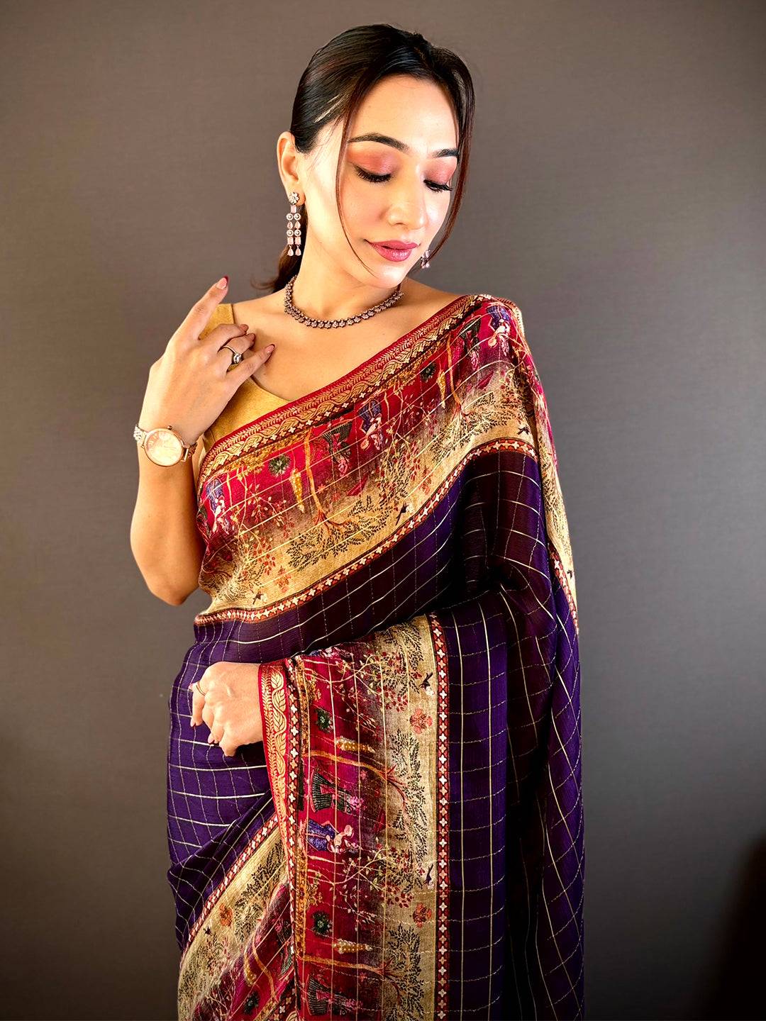 Indigo Chinnon Chiffon Kalamkari Saree