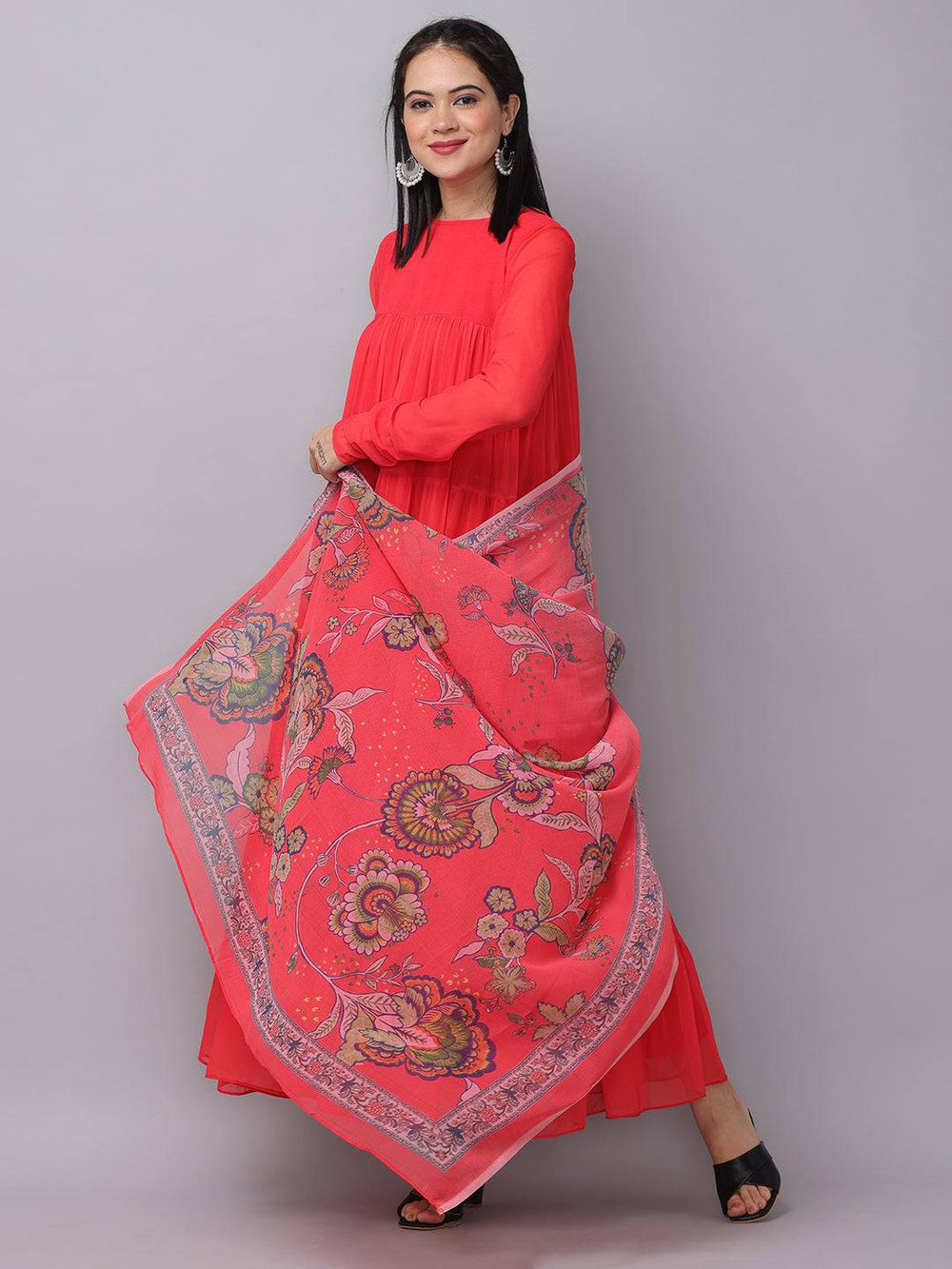 Fiery Red Churidar Sleeves Dress with floral dupatta