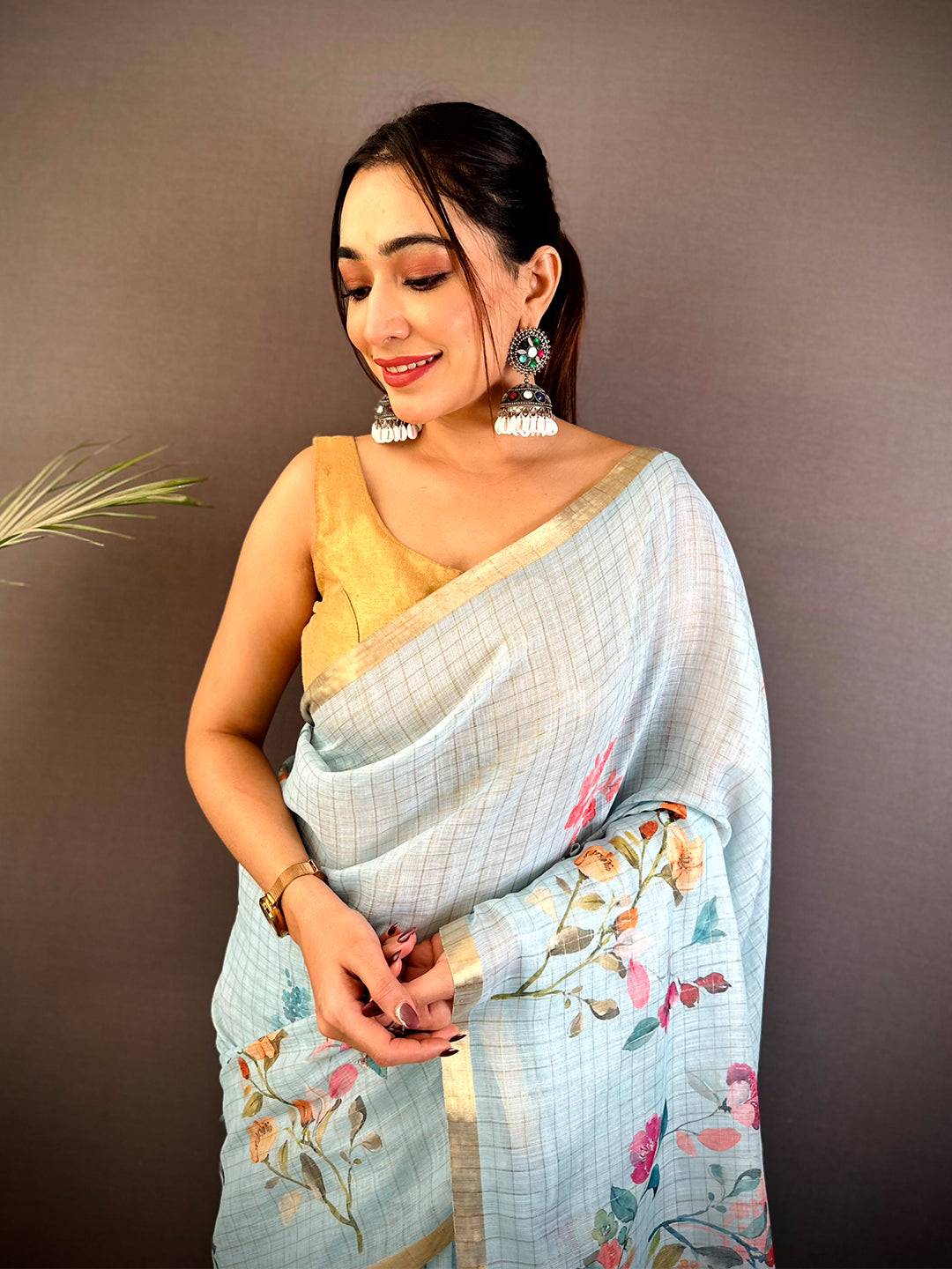Sky Blue Linen Chex Floral Saree