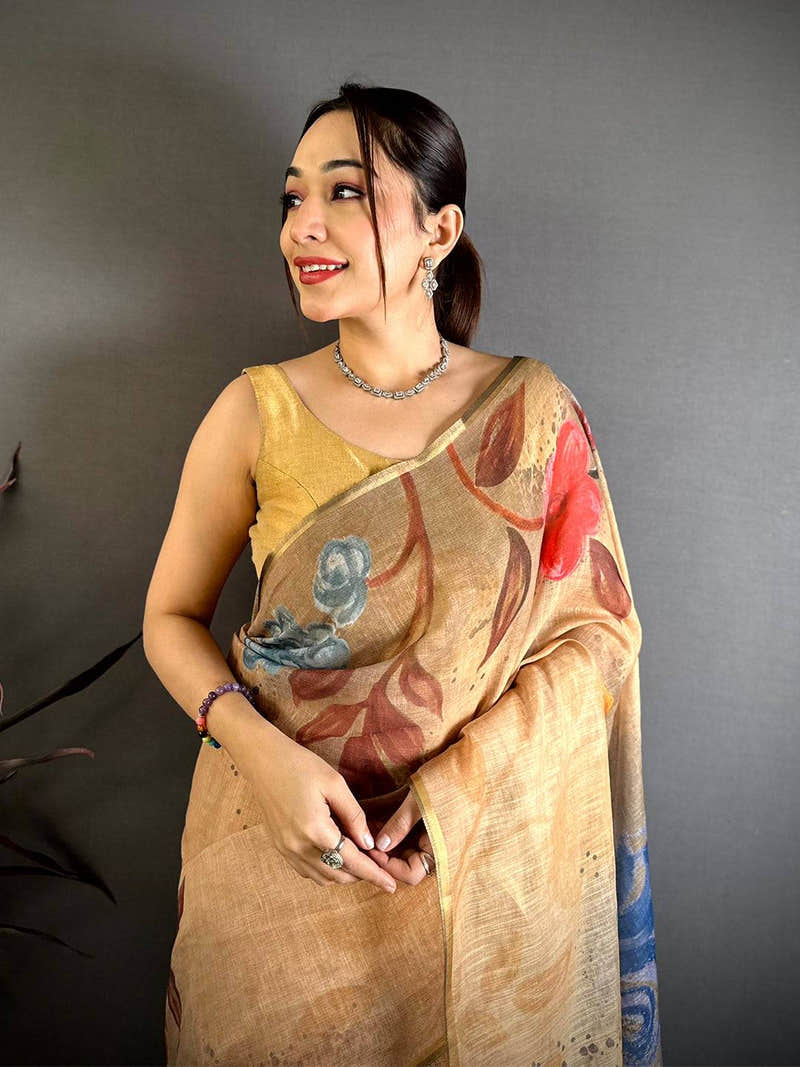 Beige Gold Zari Linen Chanderi Saree