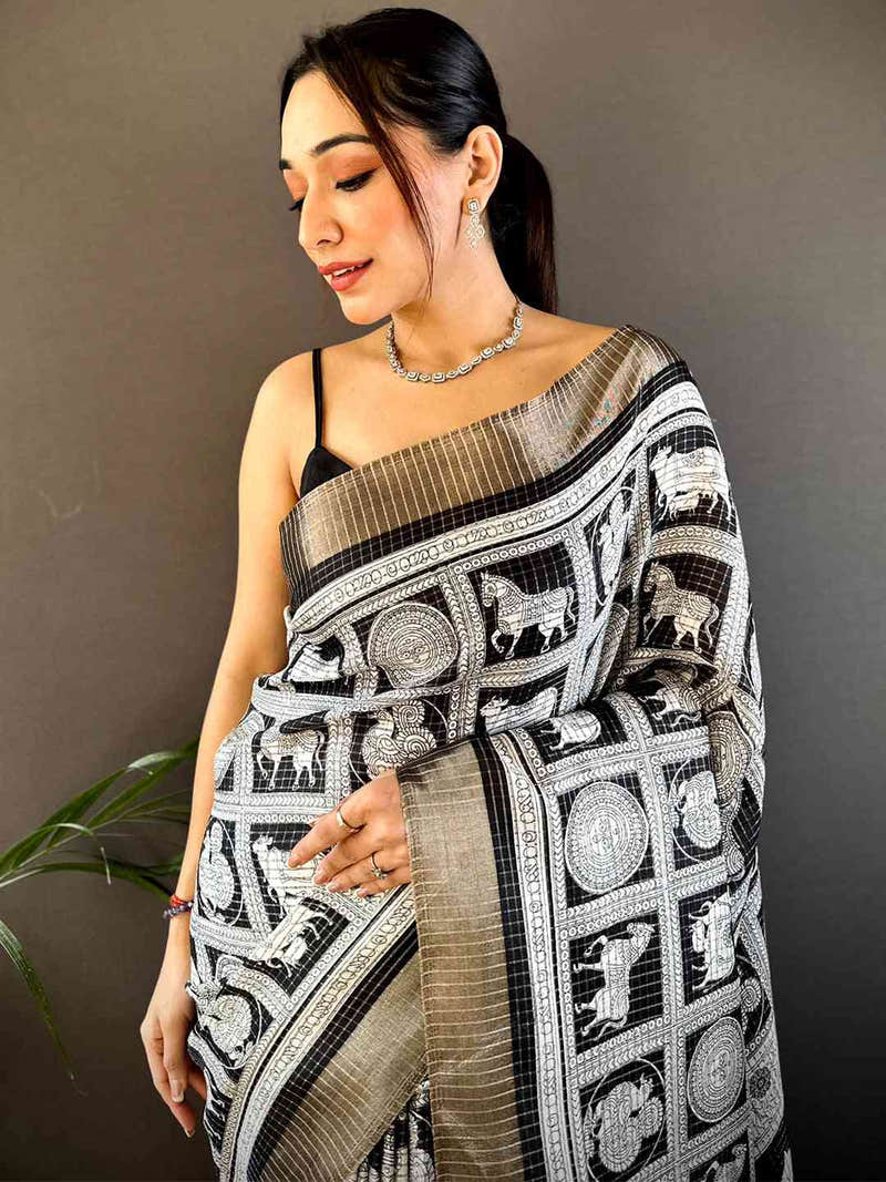 Black Tussar Chex Digital Kalamkari Print Saree