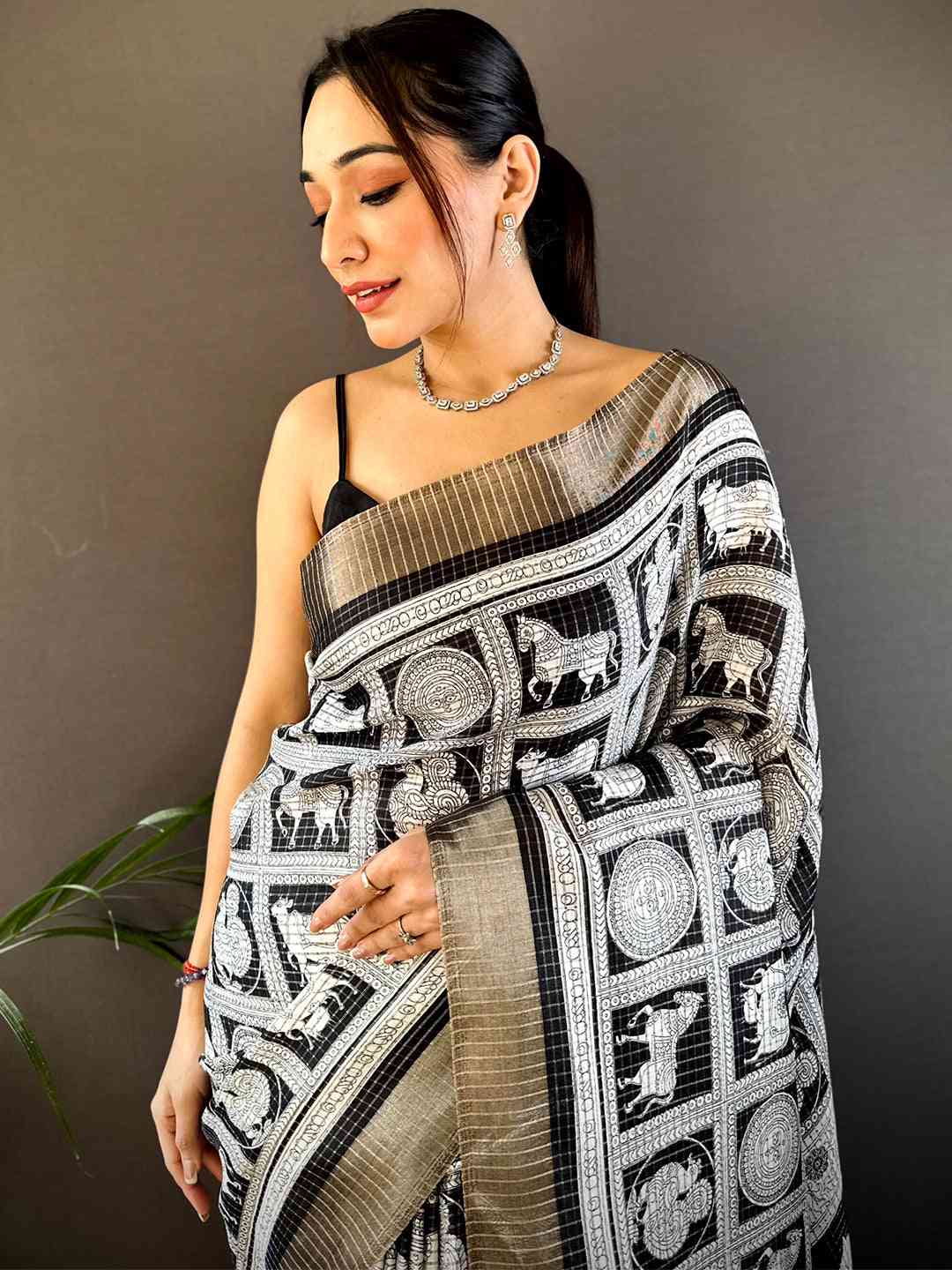 Black Tussar Chex Digital Kalamkari Print Saree