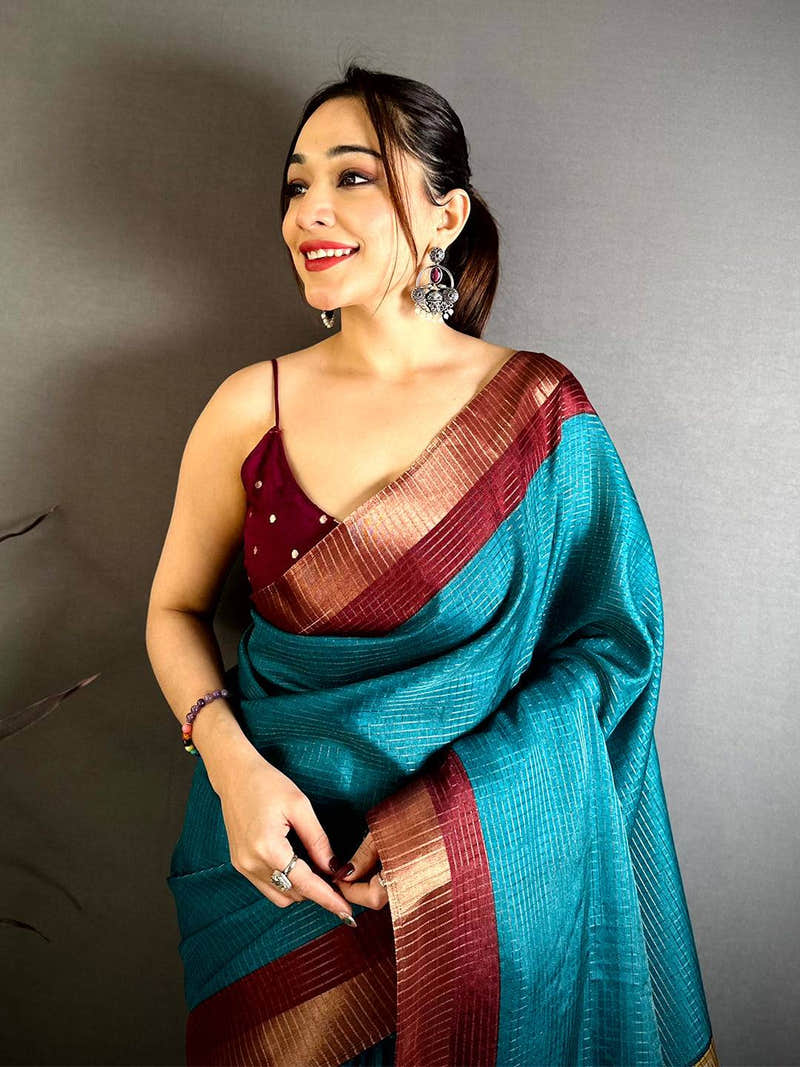 Teal Tussar Zari Chex Kalamkari Saree