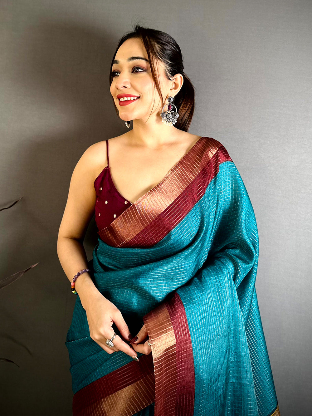 Teal Tussar Zari Chex Kalamkari Saree
