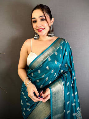 Teal Dola Block Print Zari Border Saree
