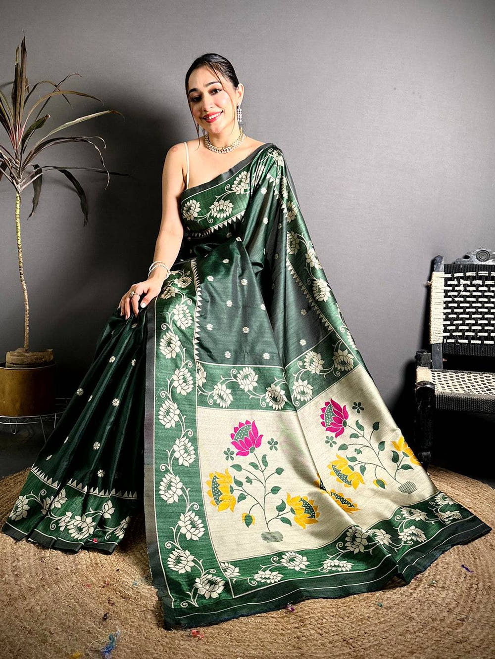 Green Katan Silk Thread Work Saree
