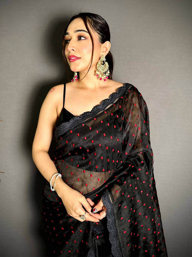 Black Soft Tissue Resham Polka Dot Saree