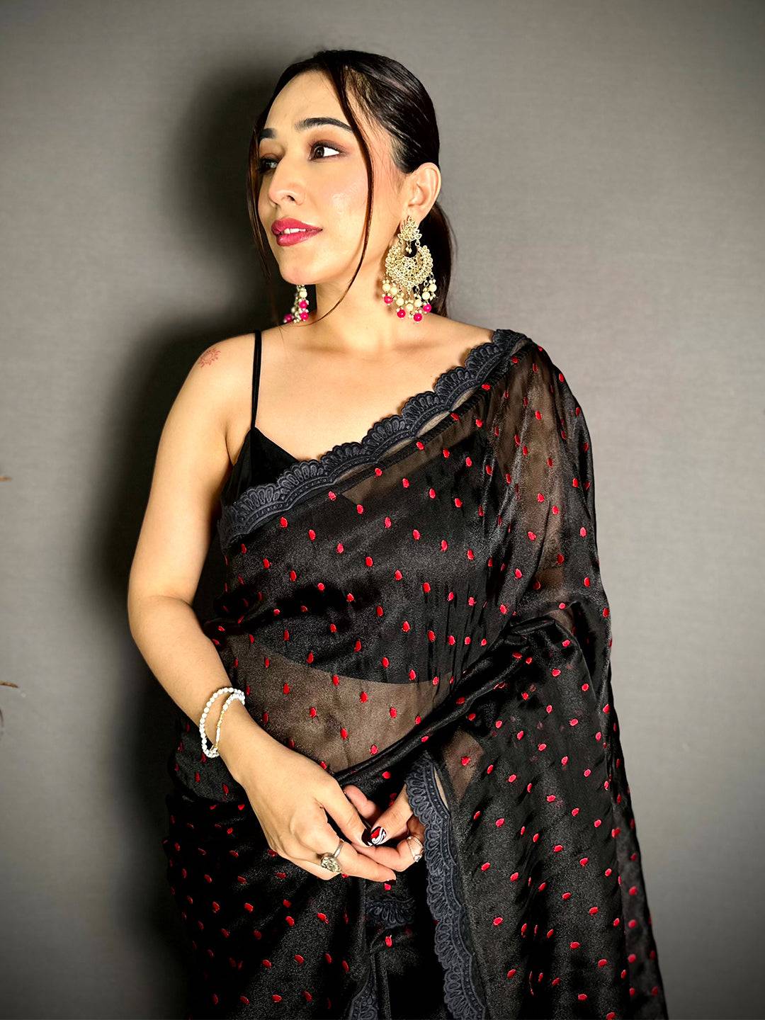 Black Soft Tissue Resham Polka Dot Saree