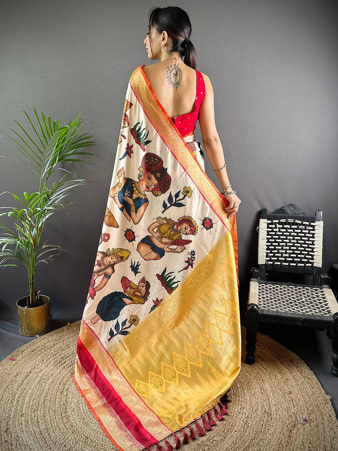 Show Stopper White Colour Soft Silk Kalamkari Saree
