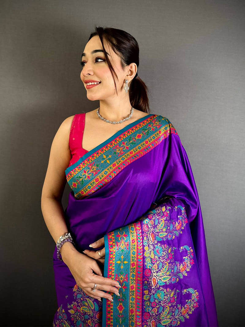 Purple Kashmiri Pashmina Semi Silk Saree